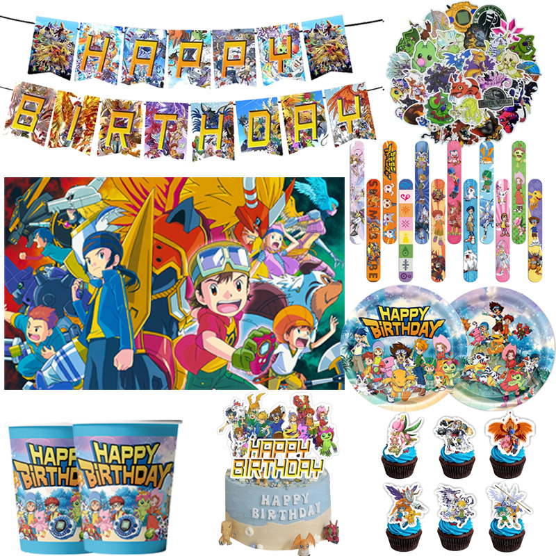 Model Kit Digimon - Digimon-Themen Geburtstagsparty-Zubehör Pappteller Tischdecke Cupcake-Topper Hängende